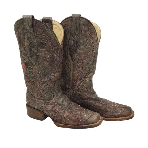 Corral Western Boots Leather Women 6.5M Cross Stud Embroidery Square Toe Cowgirl - Picture 2 of 14